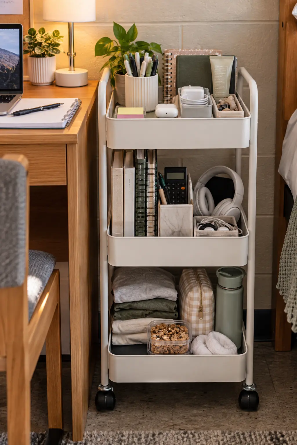 Compact rolling storage cart beside a college dorm desk filled with notebooks, chargers, toiletries, clothes, snacks, and other freshman essentials.