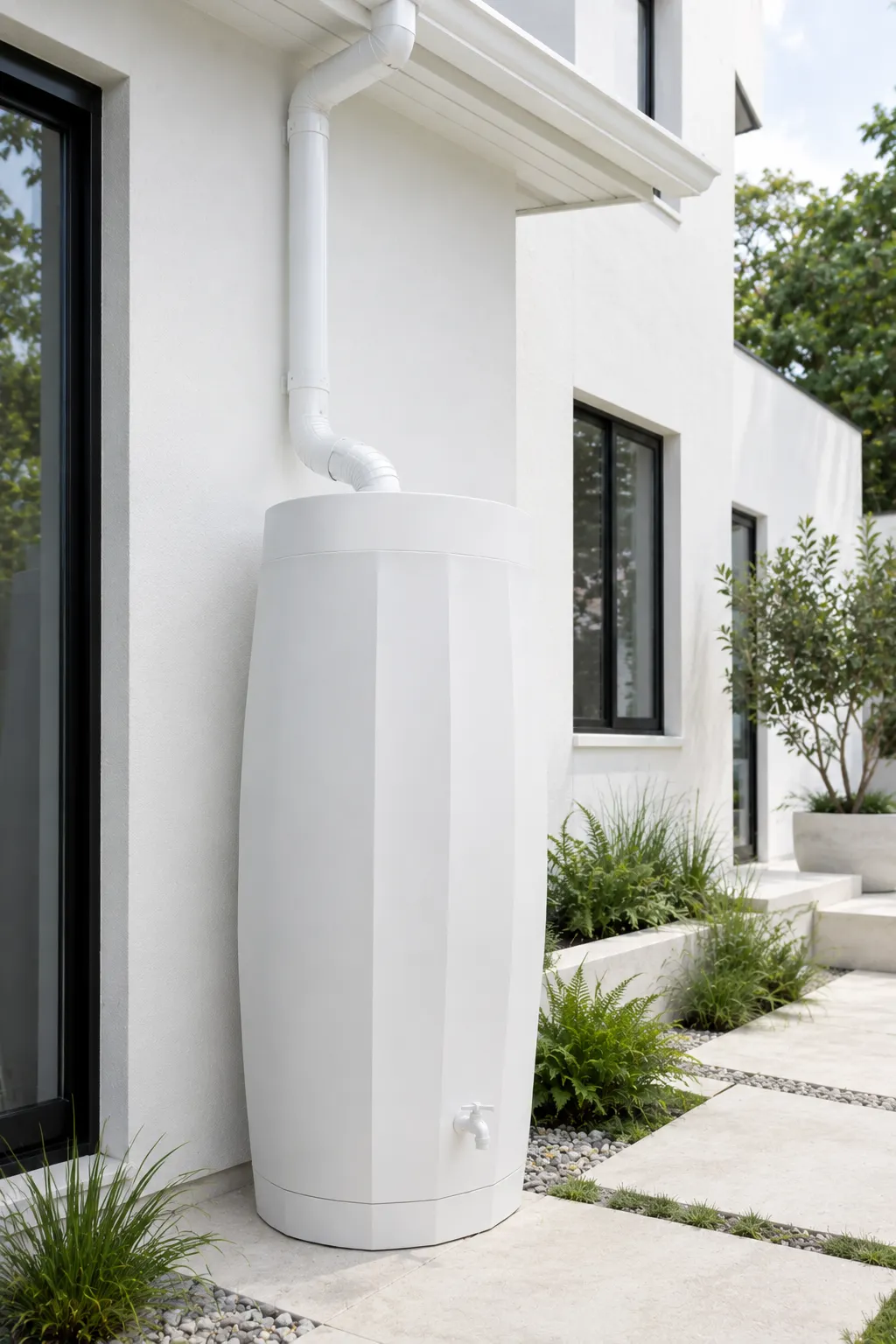 Sleek white sculptural rain barrel beside a modern white house, featuring a minimalist geometric design, white downspout connection, pale concrete paving, black-framed windows, and simple green landscaping.