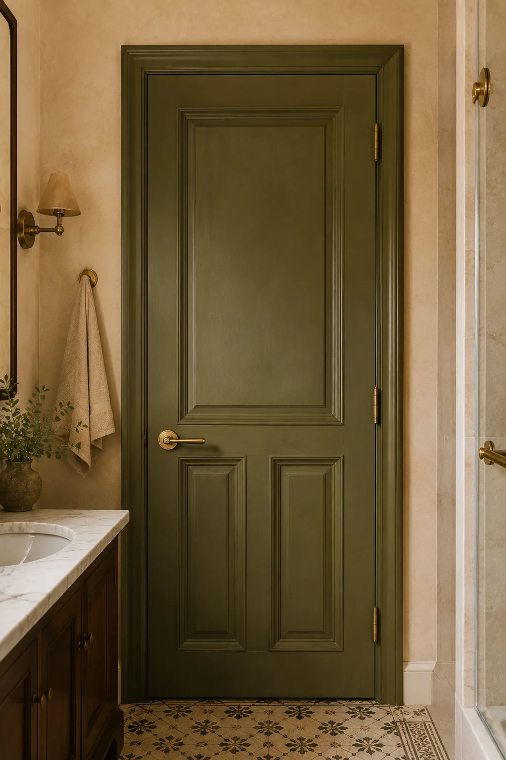 Small bathroom with a decorative olive-green paneled door featuring traditional detailing, brass hardware, warm cream walls, and elegant interior styling.