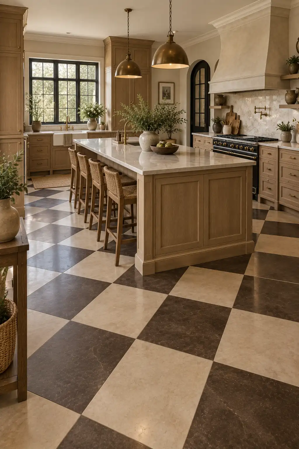 Warm beige and espresso brown checkerboard floor in a transitional kitchen with natural oak cabinetry, creamy stone countertops, brass hardware, a central island, and warm natural lighting.