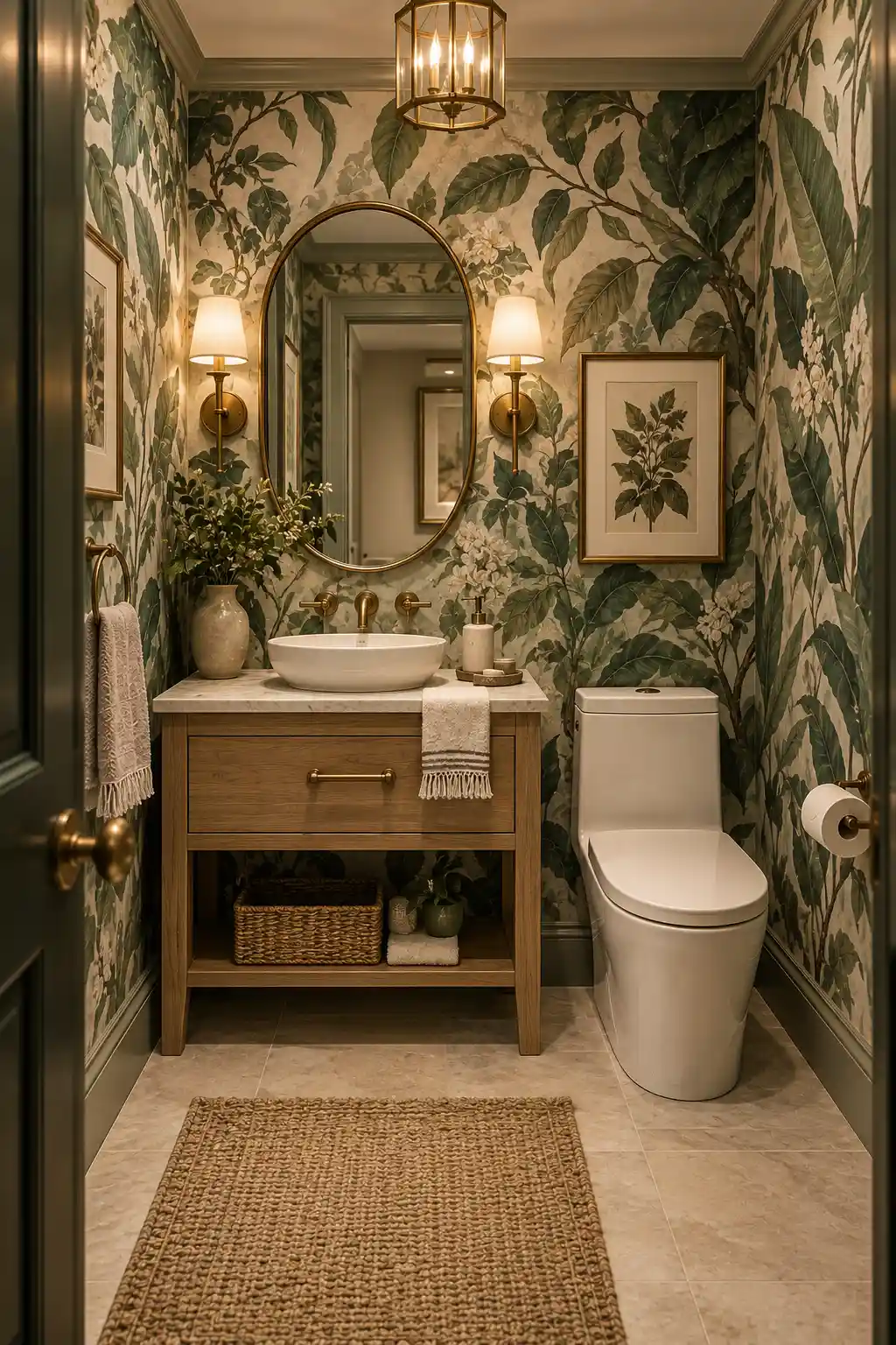 Botanical powder room featuring oversized green leaf wallpaper, natural oak vanity, creamy stone countertop, aged brass faucet, oval mirror, warm sconces, and natural decorative accents.