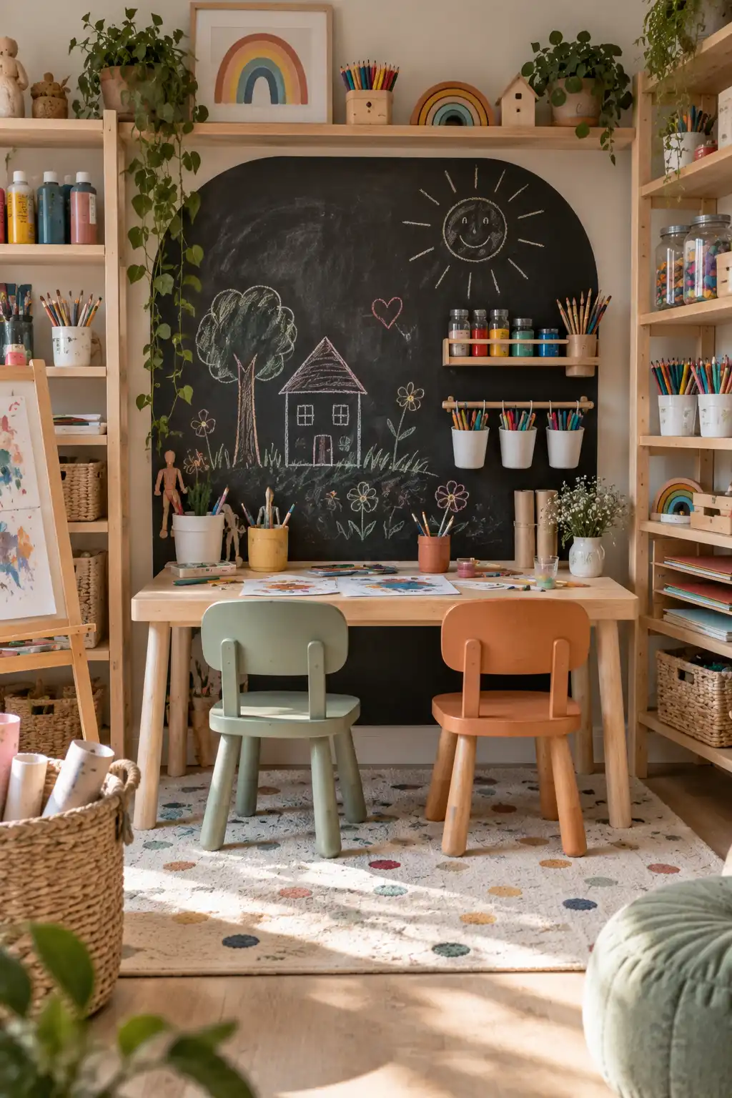 Children's art studio playroom with a small wooden craft table, child-sized chairs, chalkboard wall, open shelves, crayons, paints, brushes, paper, and organized craft supplies.