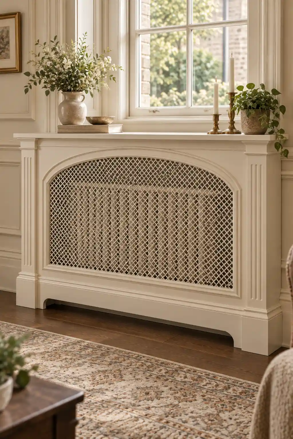 Arched Victorian-style radiator cover with a curved cream-colored frame, decorative mesh panel, and traditional architectural details.
