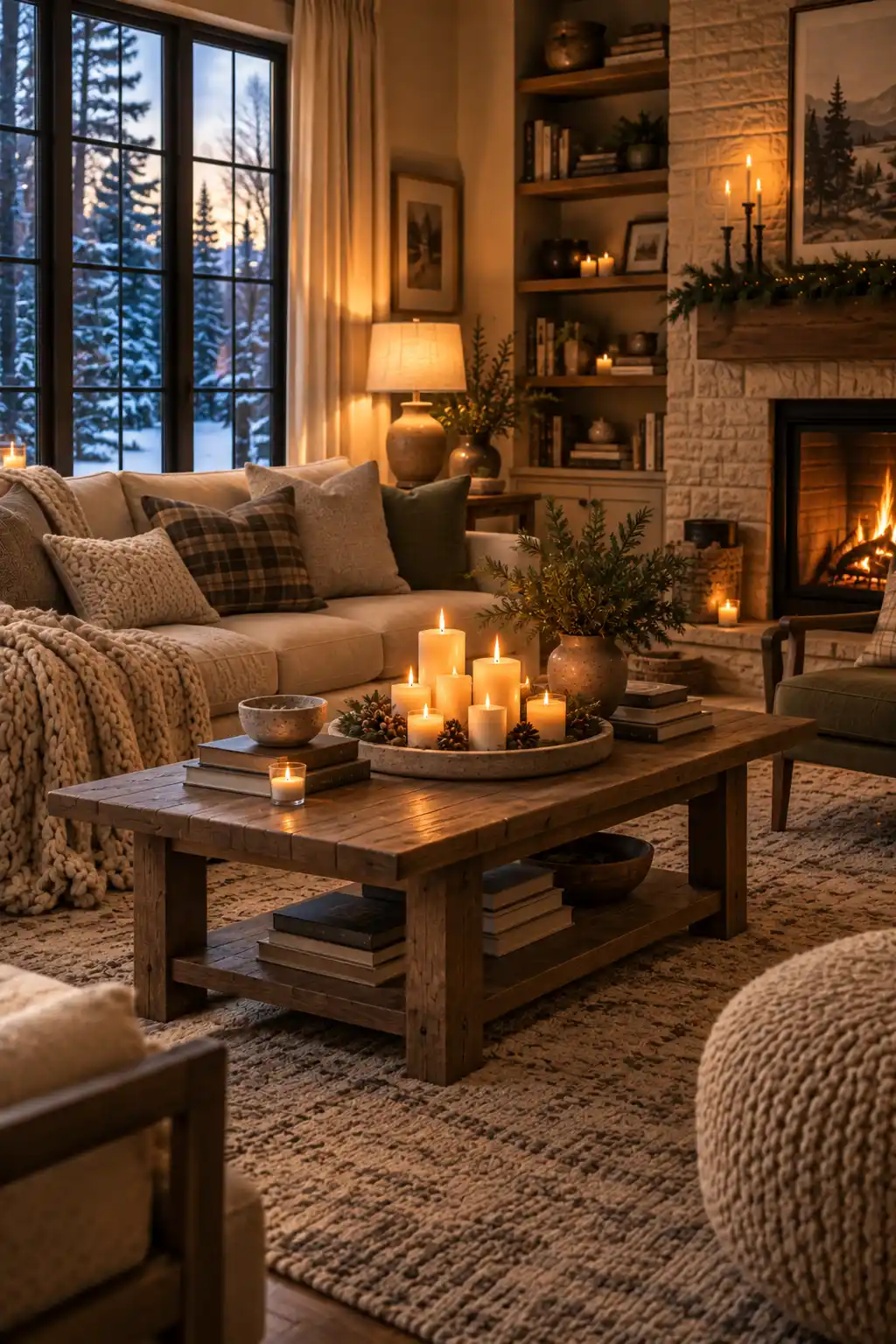 Inviting winter living room with a cluster of different-height candles arranged on a coffee table tray, surrounded by neutral cushions, a chunky throw, wool rug, and warm lighting.
