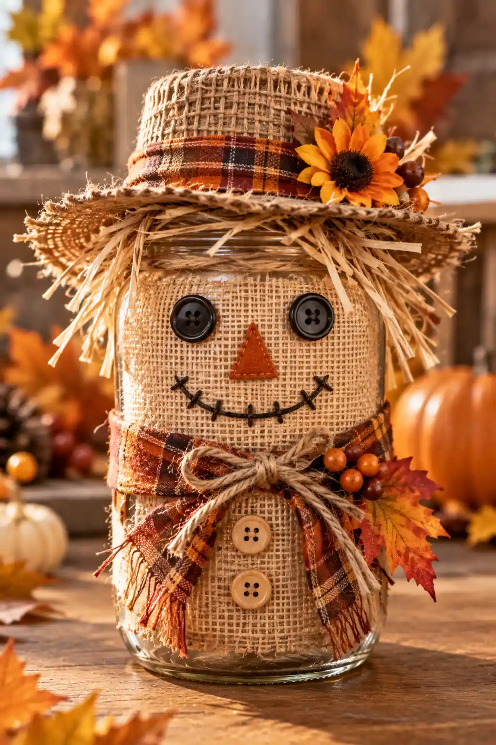 Mini scarecrow Mason jar decorated with a burlap face, button eyes, stitched details, straw accents, and a miniature straw hat.
