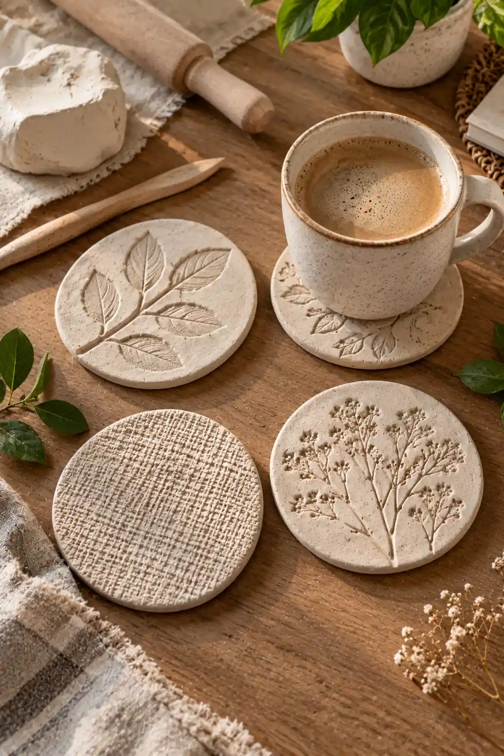 Set of handmade air dry clay coasters with pressed botanical and fabric textures, including a coaster holding a coffee cup on a modern table.