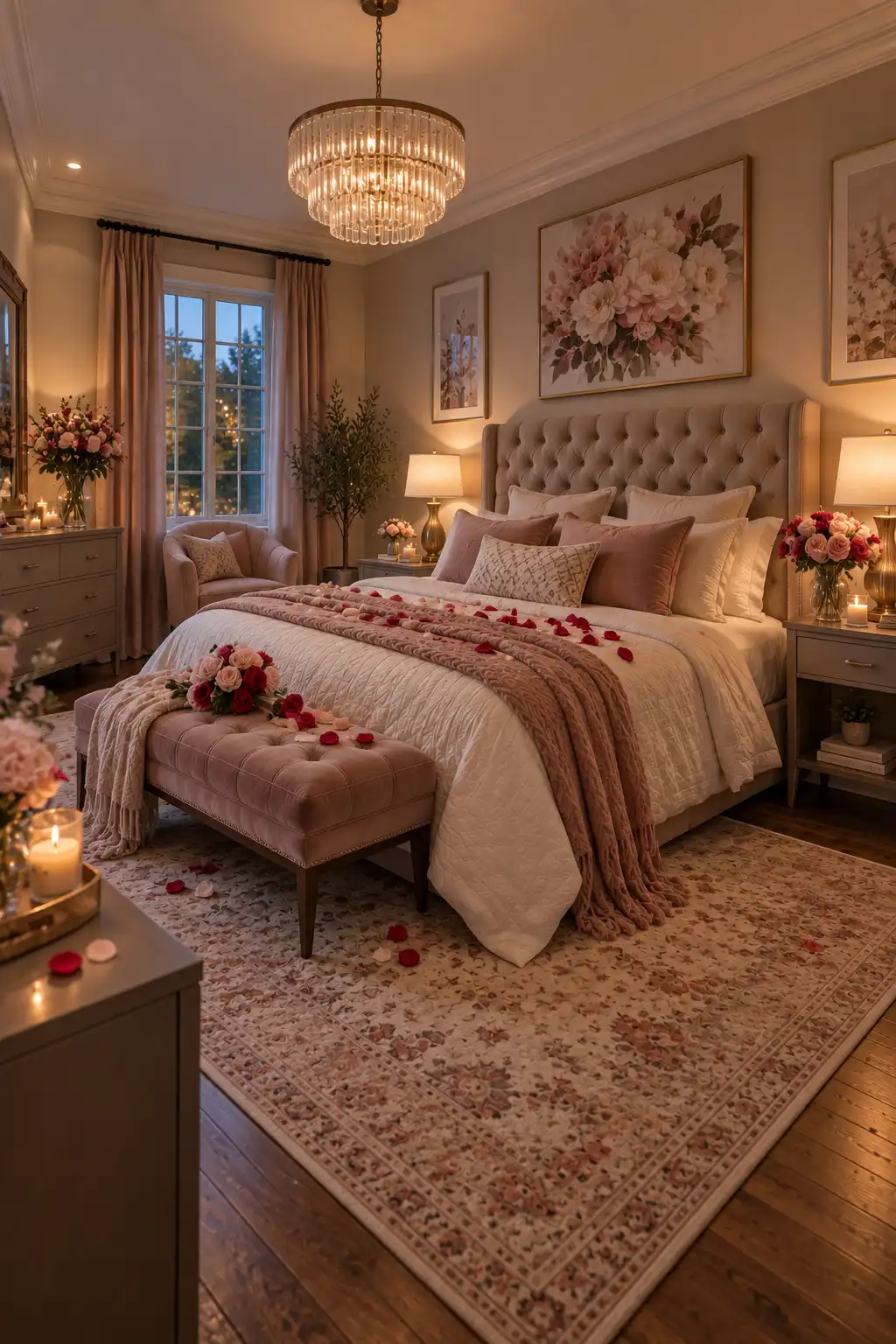 Romantic bedroom styled with fresh flowers in a vase and delicate petals scattered across soft bedding, complemented by warm lighting and elegant neutral decor.