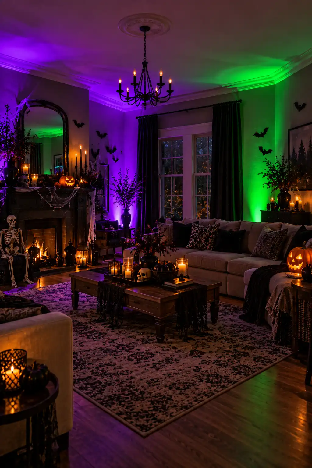 Modern living room transformed for Halloween with purple and green LED uplighting, glowing pumpkins, black bats, cobwebs, and spooky decorations.
