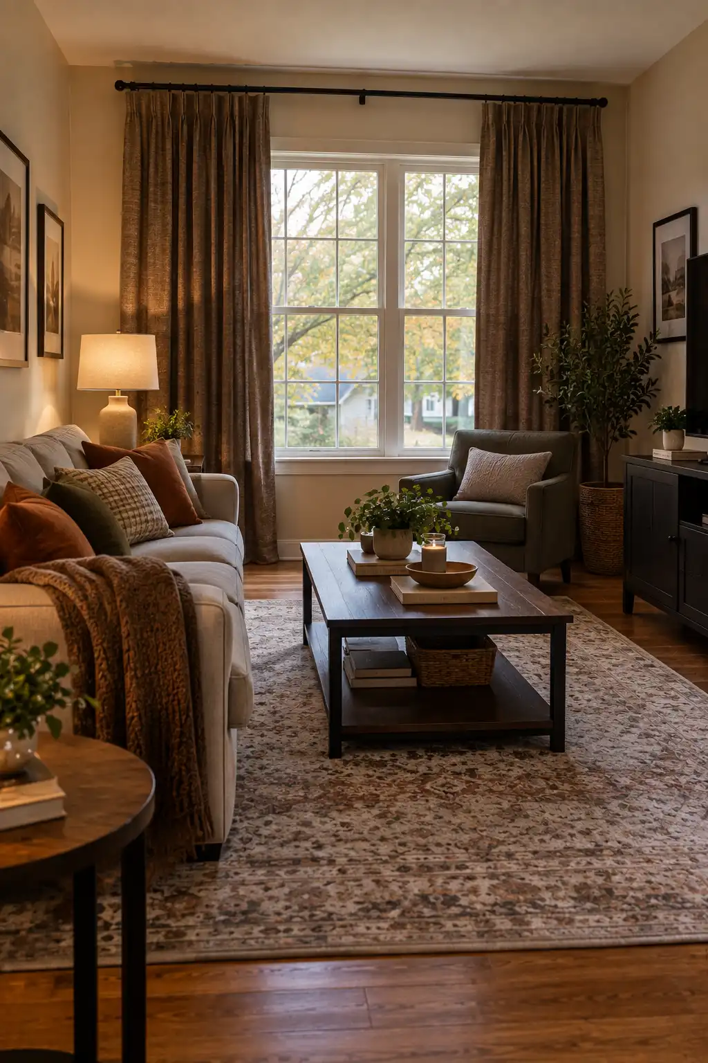 Realistic living room with heavier beige curtains framing a large window, adding warmth and a softer atmosphere for the fall season.