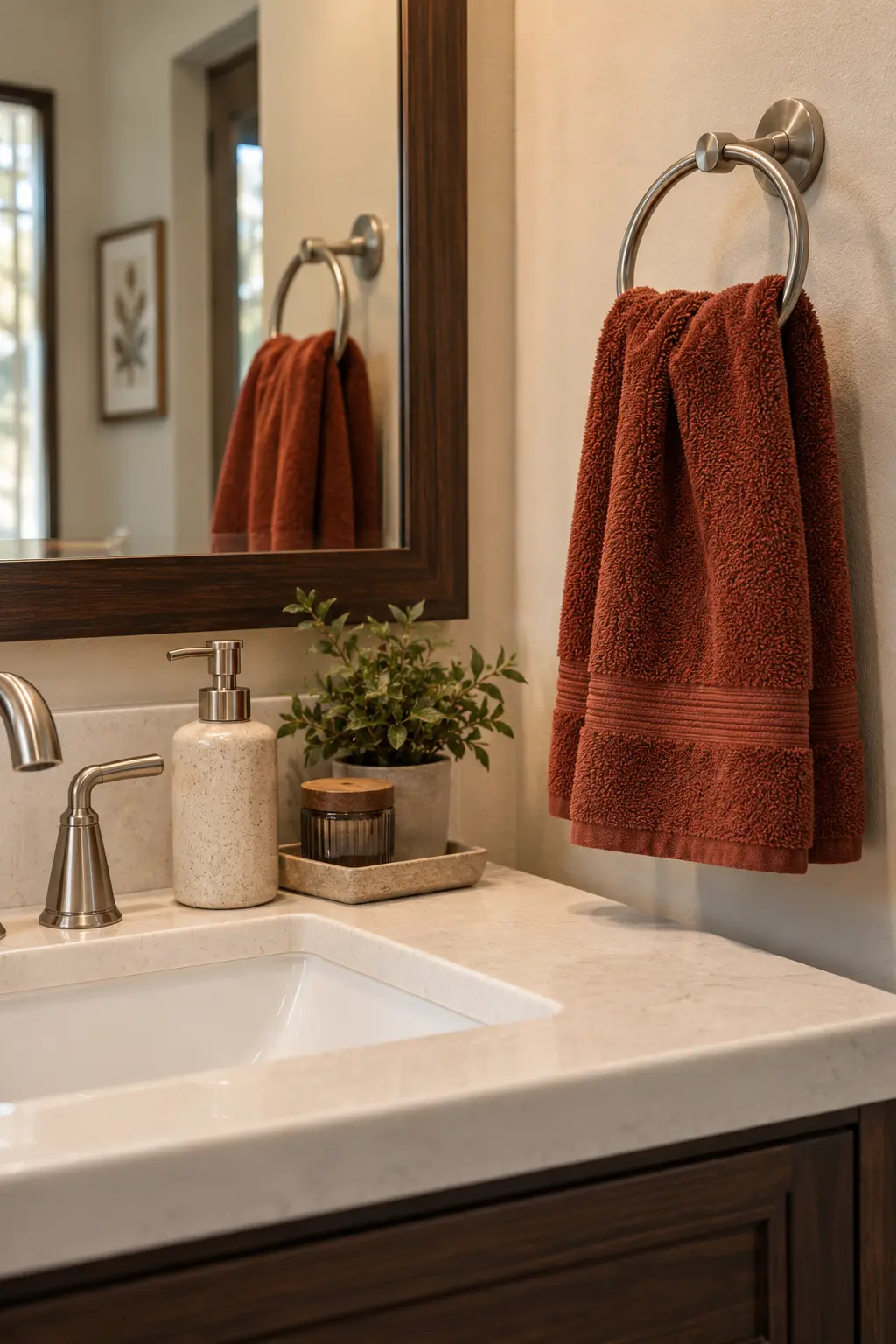 Realistic contemporary bathroom sink area with a rust-colored cotton hand towel hanging beside a ceramic sink, chrome faucet, mirror, and warm neutral bathroom finishes.
