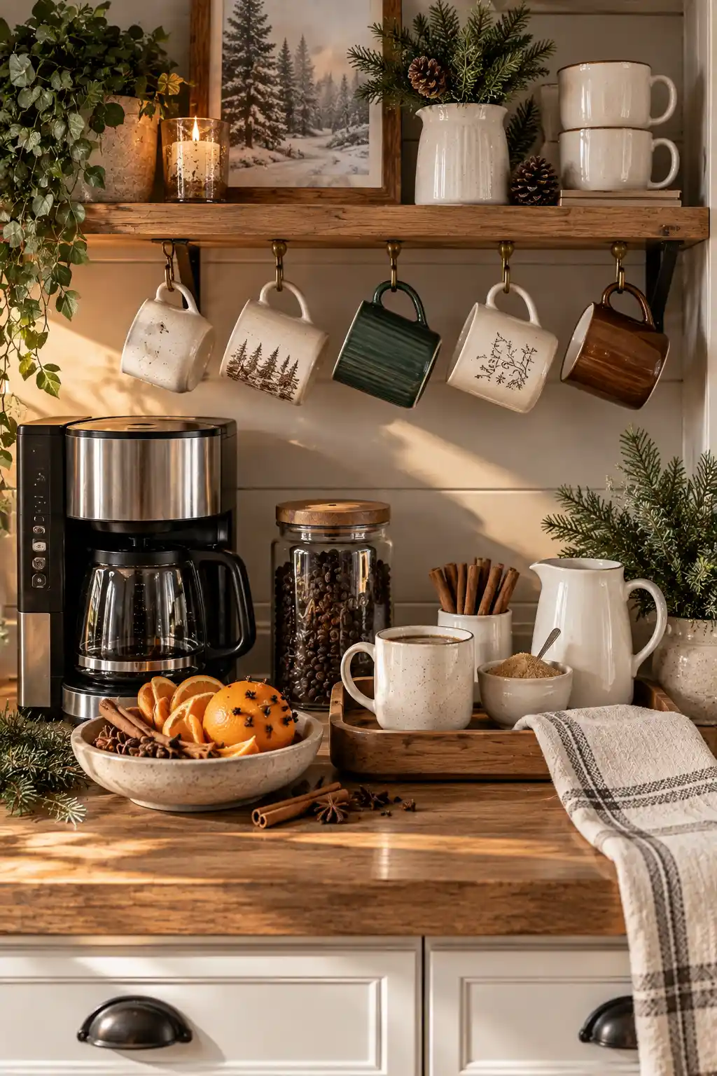 Winter coffee bar styled with a bowl of orange peels, cinnamon sticks, and whole cloves alongside a coffee maker, ceramic mugs, wooden tray, coffee beans, evergreen branches, and seasonal decor.
