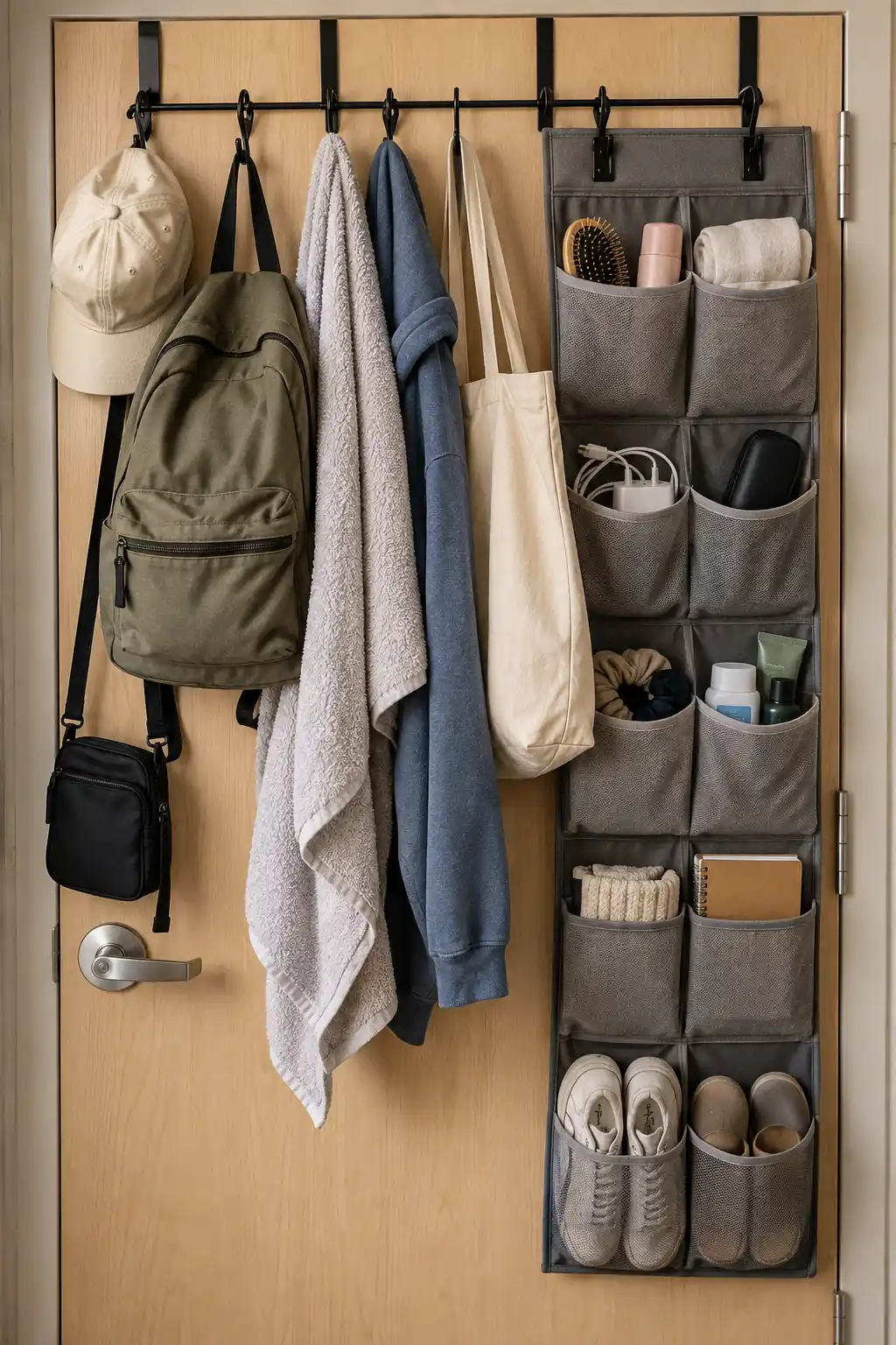 Over-the-door organizer with hooks holding a backpack, towel, hoodie, tote bag, hat, shoes, and small college essentials to maximize unused dorm door space.