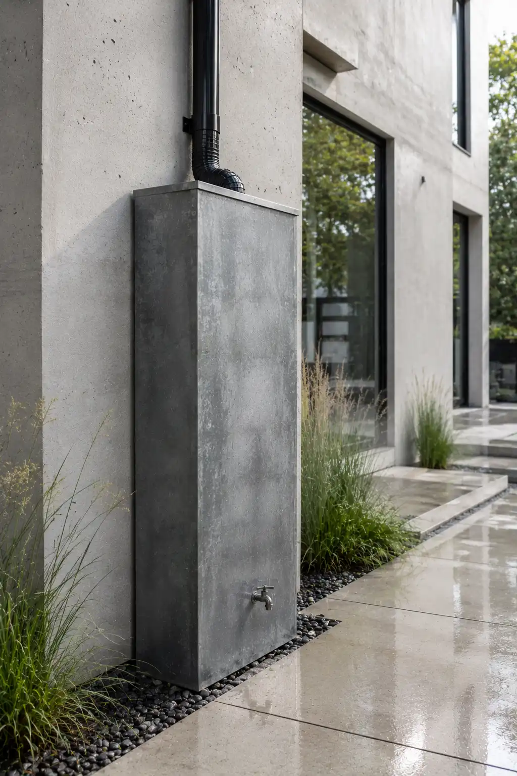 Contemporary geometric metal rainwater collection tank with a tall rectangular shape, architectural finish, modern downspout connection, concrete house exterior, ornamental grasses, and clean minimalist landscaping.