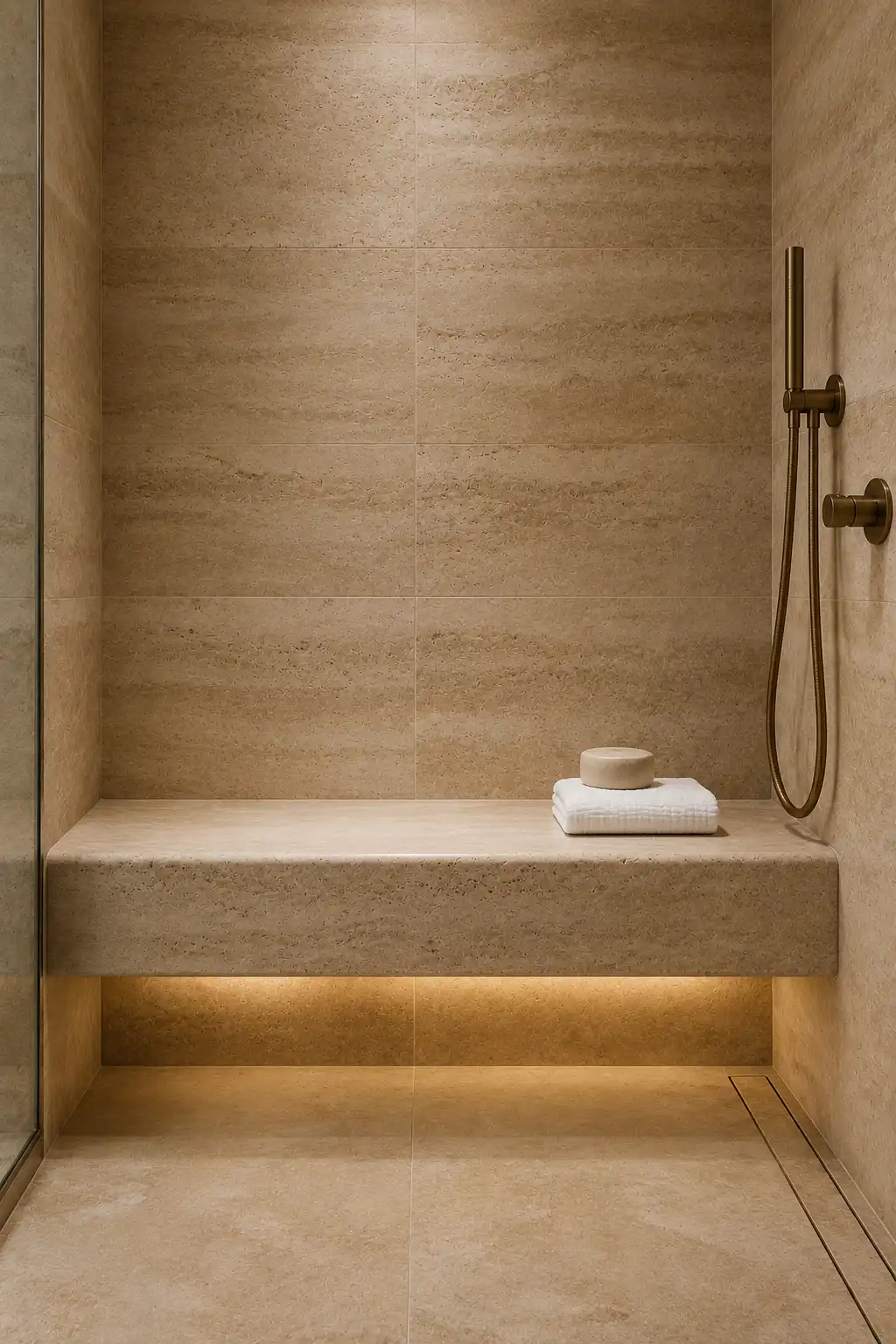 Compact luxury bathroom shower featuring a floating monolithic travertine bench, warm stone walls, subtle lighting, and minimalist bronze shower fixtures.