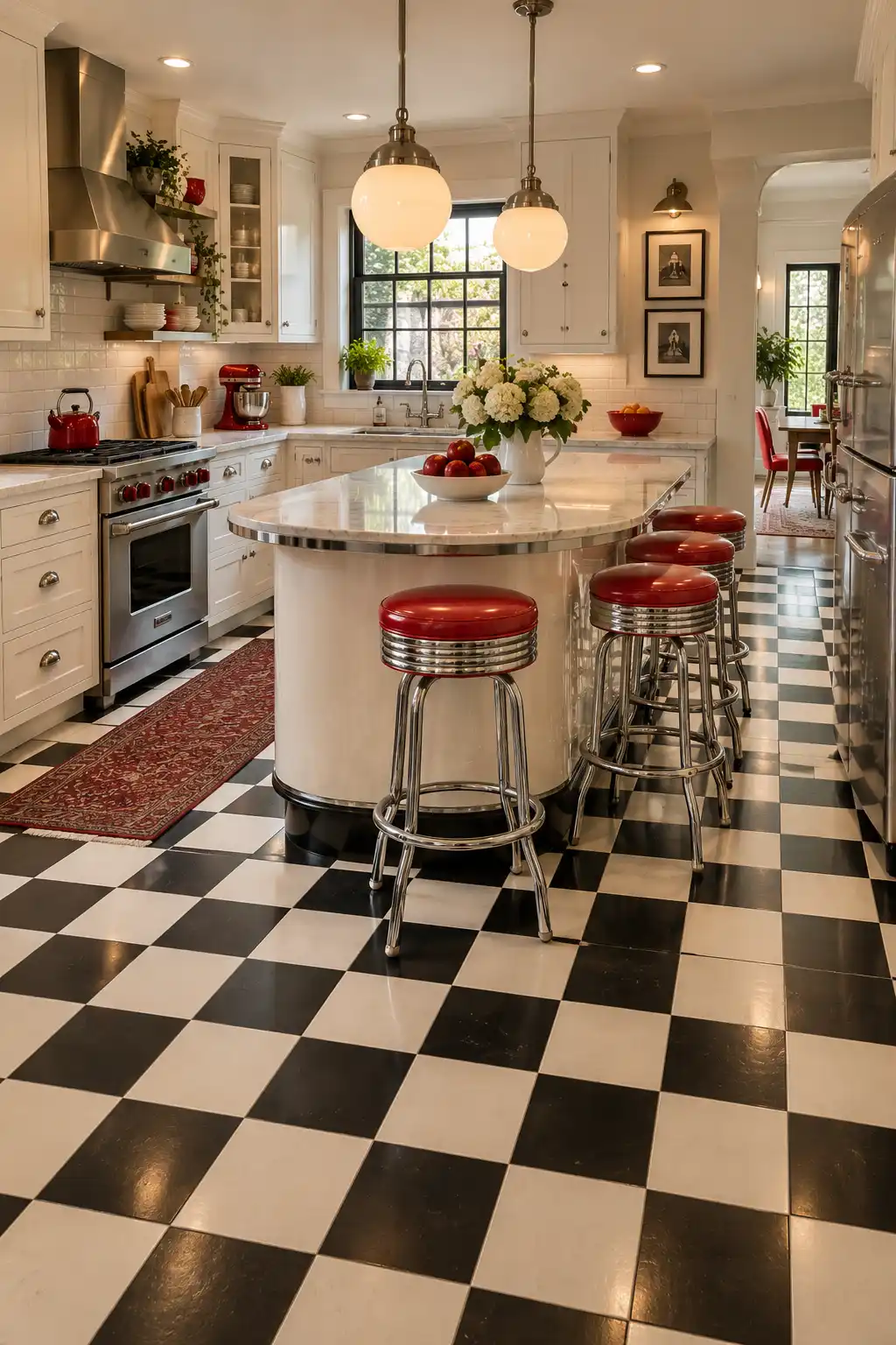 Retro-inspired kitchen with a small black and white checkerboard tile floor, chrome counter stools, warm white cabinetry, stainless steel appliances, subtle red accents, and mid-century styling.