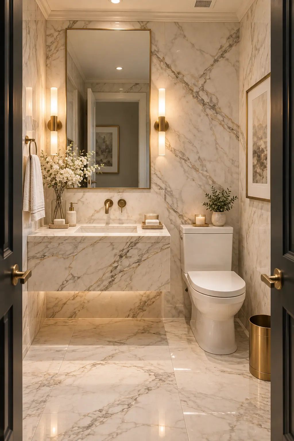 Luxury marble powder room with warm white veined marble walls, stone vanity, sculptural basin, champagne brass faucet, frameless mirror, pale stone flooring, and elegant minimalist décor.