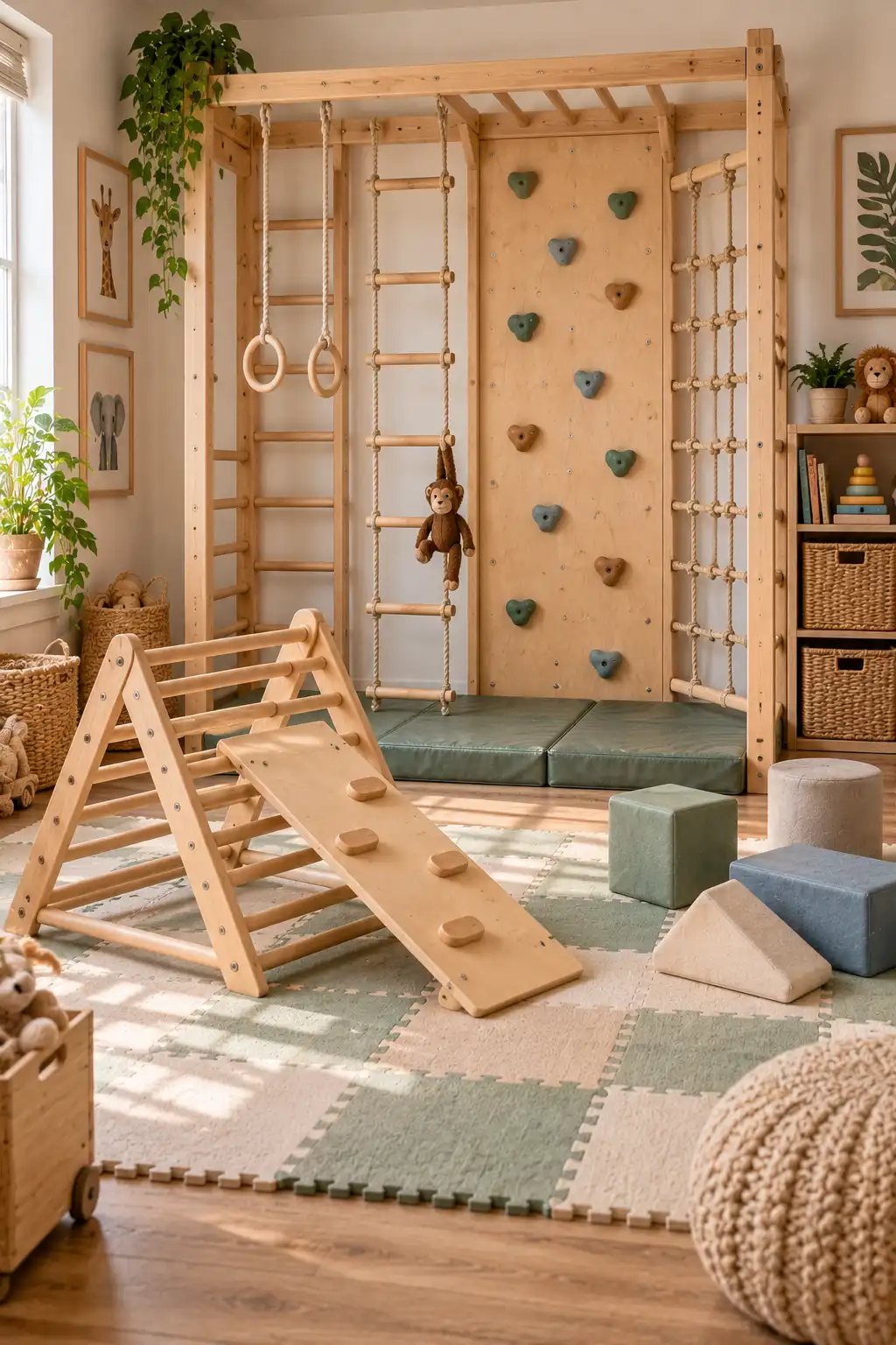 Kids' indoor play gym with a natural wood climbing triangle, rope ladder, soft foam mats, wooden activity equipment, neutral furnishings, and a safe active play area.