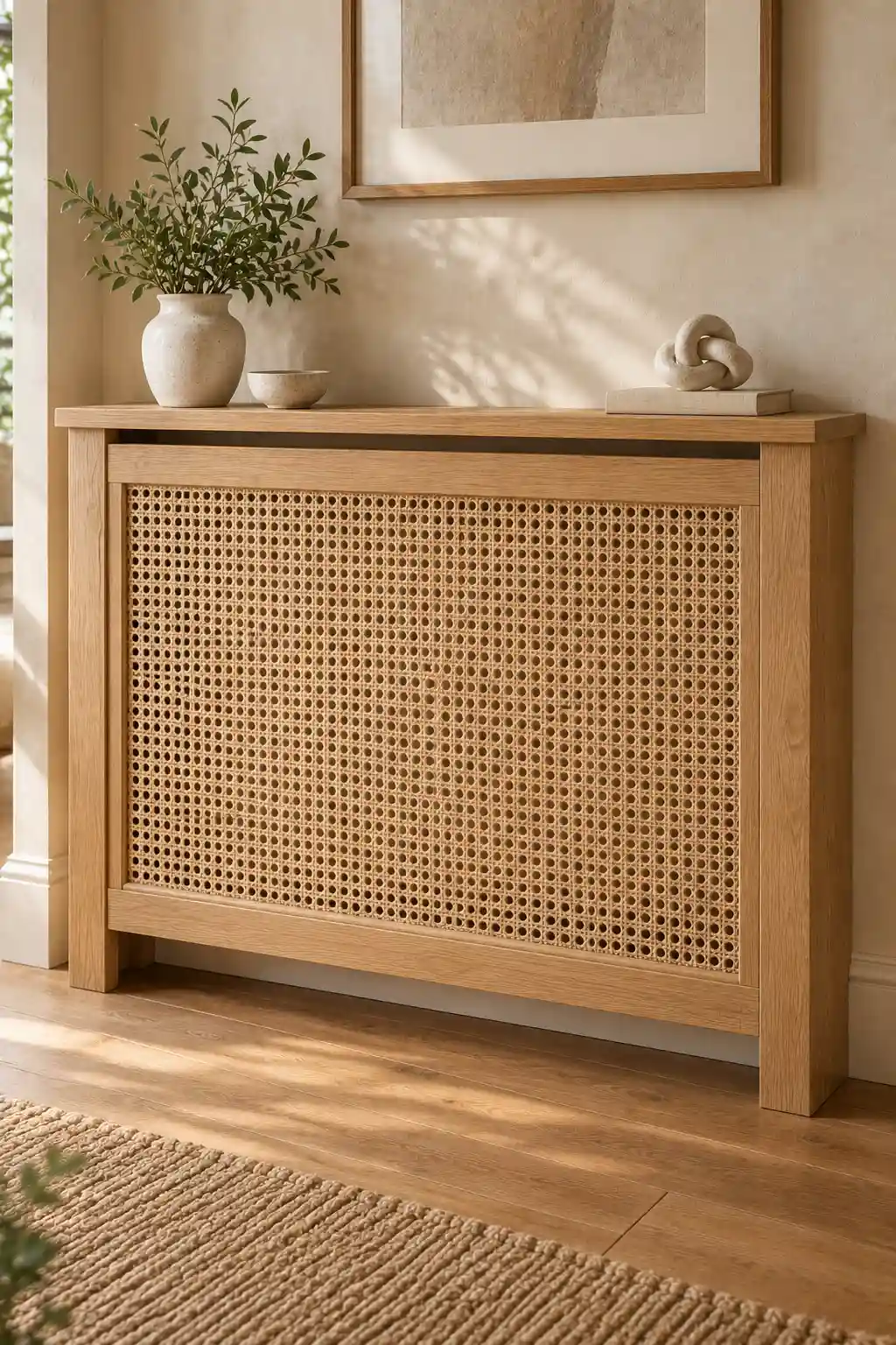 Natural oak radiator cover with a honey-toned woven cane insert, simple wooden frame, and relaxed boho-inspired styling.