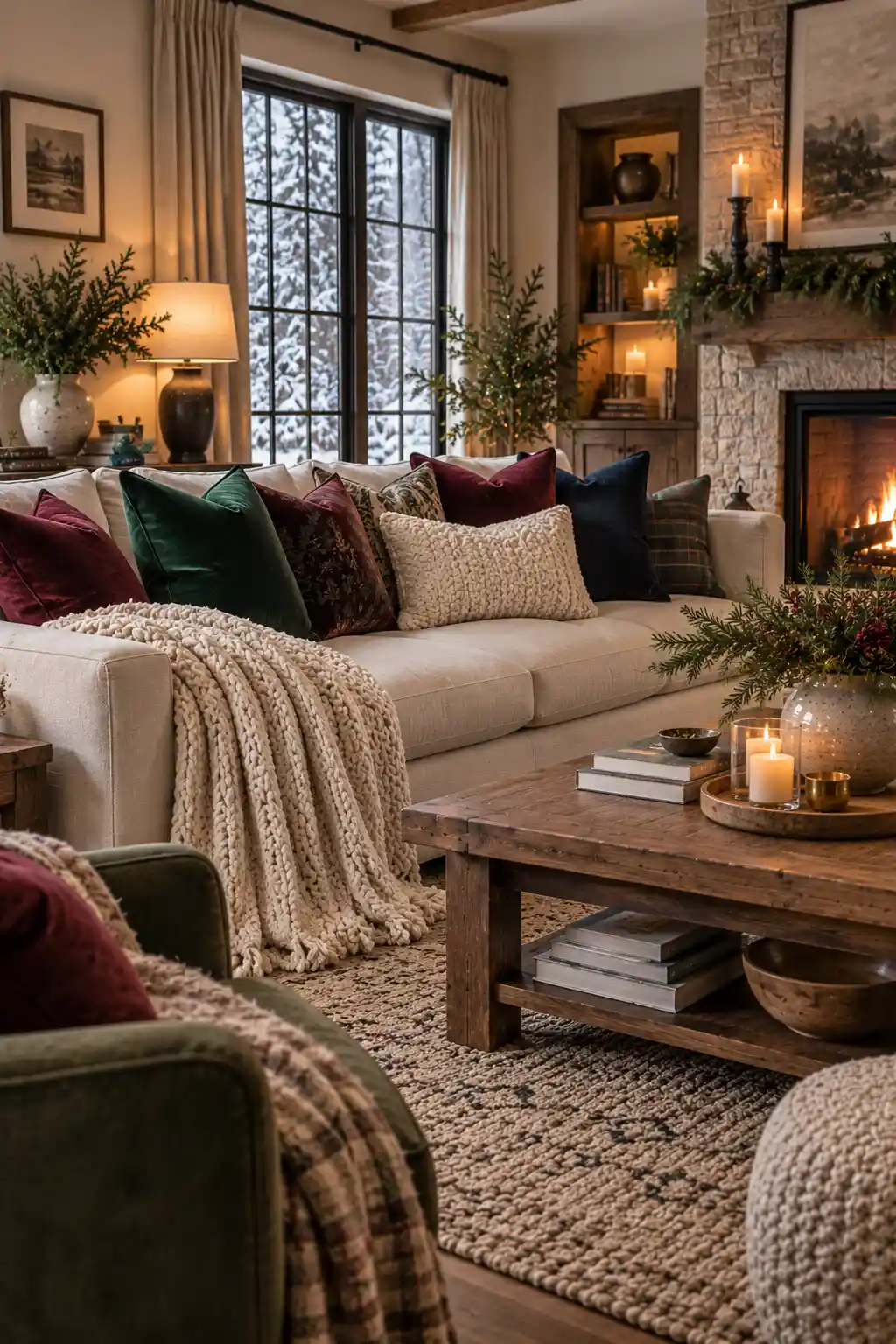 Sophisticated winter living room with a neutral cream sofa styled with emerald green, burgundy, and navy jewel-tone cushions, a textured throw, wool rug, and warm wooden accents.