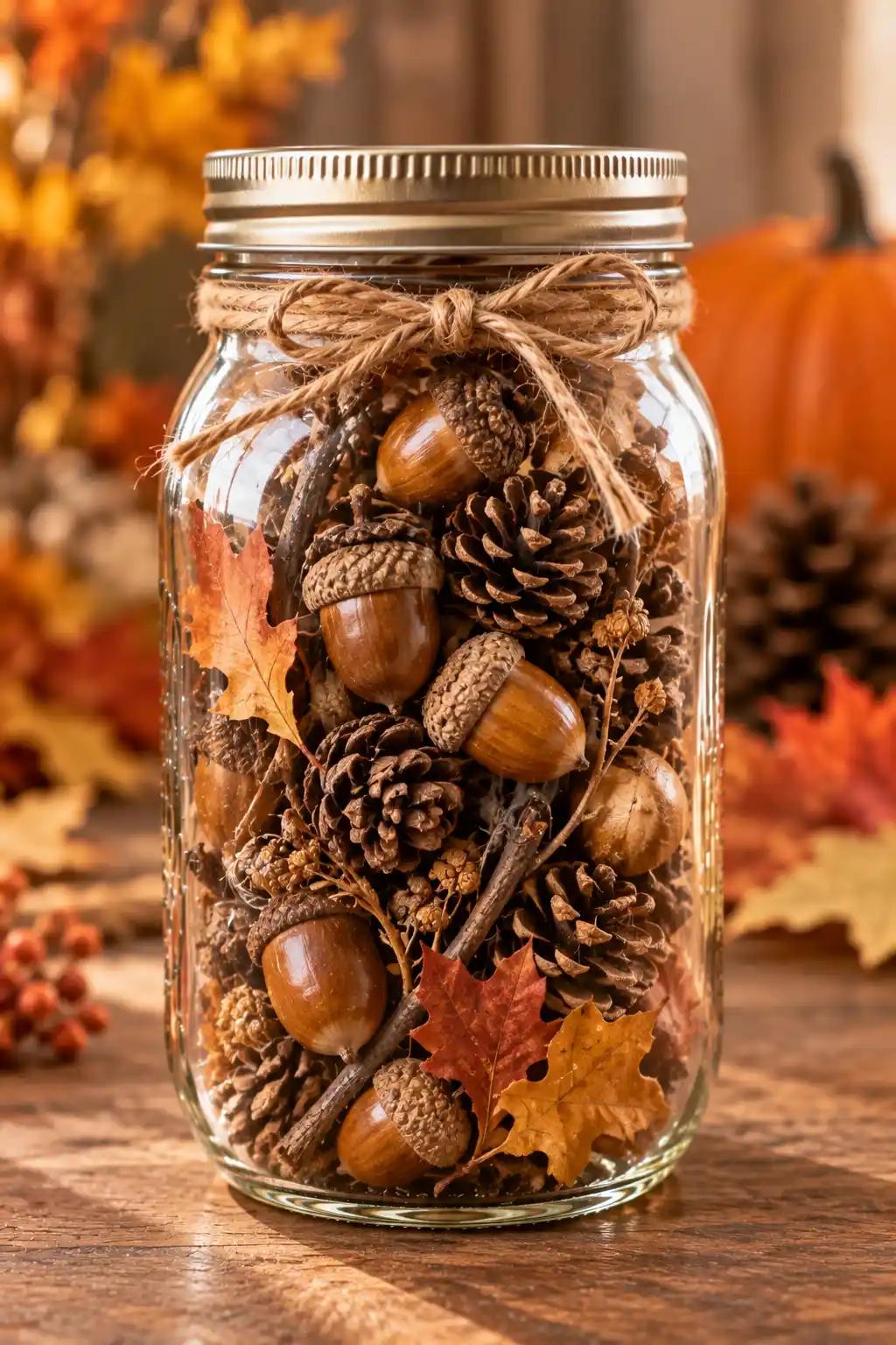 Clear Mason jar filled with natural acorns, small pinecones, dried leaves, and autumn botanicals for a simple nature-inspired fall decoration.