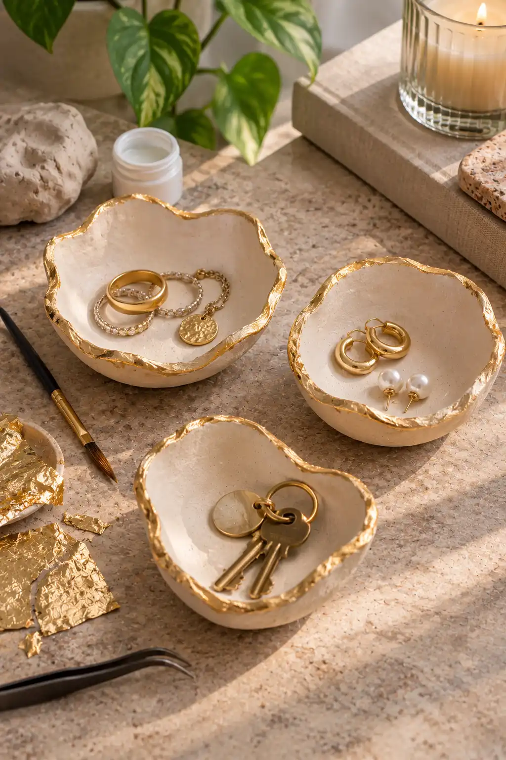Handmade mini air dry clay bowls with delicate gold leaf edges, displaying organic shapes and small jewelry pieces inside.