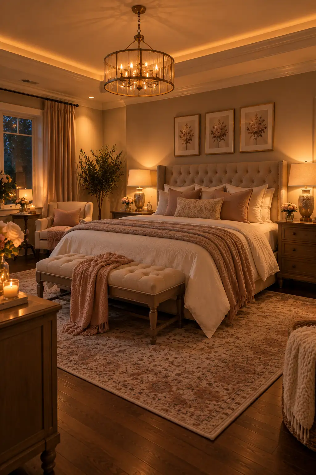 Elegant romantic bedroom illuminated with soft dimmable warm-toned lighting, amber bedside lamps, neutral bedding, an upholstered headboard, and cozy decorative accents.