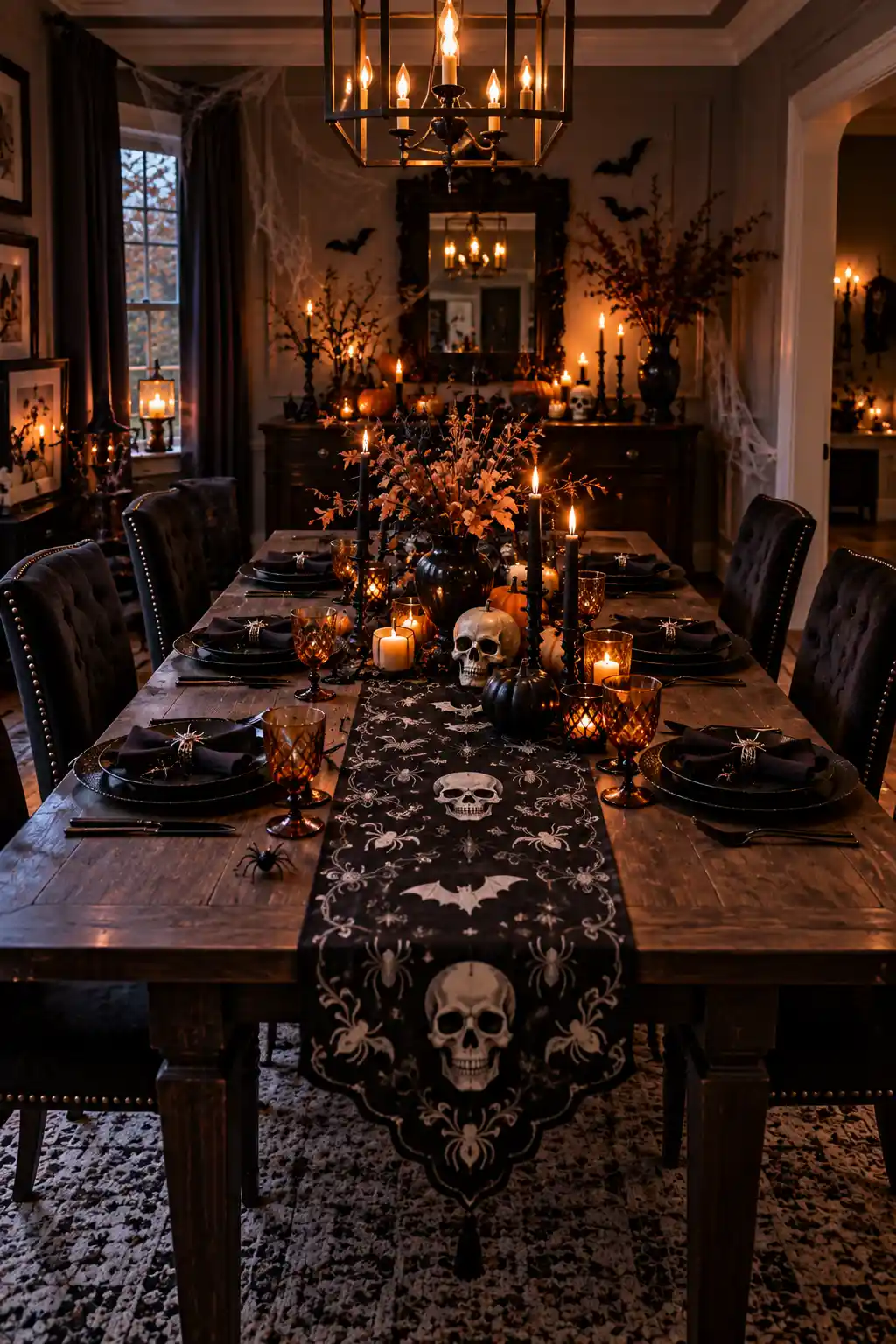 Halloween dining table styled with a black skull, bat, and spider print table runner, dark dinnerware, pumpkins, candles, and Halloween centerpiece decor.