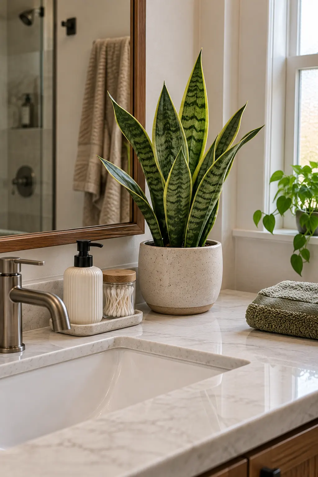 Realistic bathroom vanity with a small live aloe vera plant in a ceramic pot beside a sink, soap dispenser, folded towel, and softly lit contemporary bathroom interior.