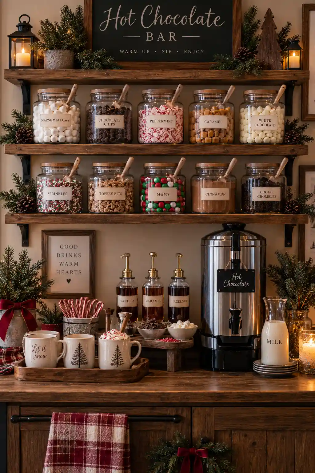 Interactive winter hot chocolate station with glass jars filled with marshmallows, chocolate chips, peppermint, caramel, cocoa, and other toppings, each paired with wooden scoops above a coffee counter.