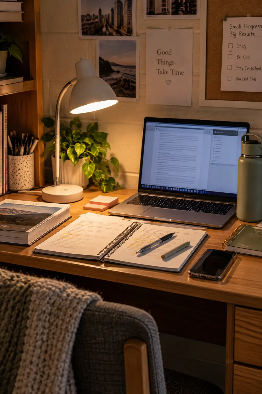 Warm desk lamp illuminating a college dorm study area with a laptop, notebook, textbook, phone, and school supplies for comfortable late-night studying.