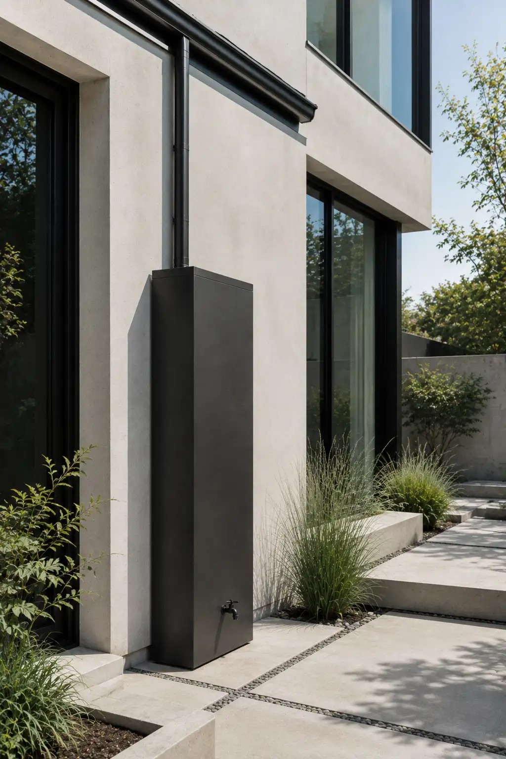 Minimalist charcoal rainwater collection tank integrated closely against a modern house wall, with a concealed downspout, clean architectural design, concrete paving, black-framed windows, and contemporary landscaping.