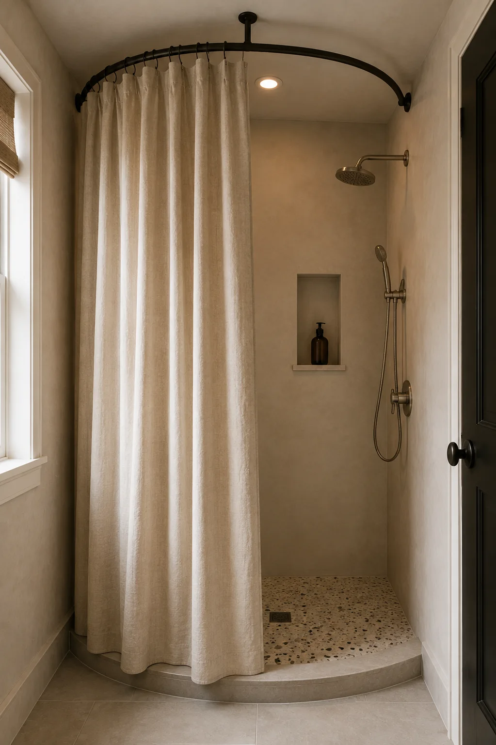 Small bathroom with a curved ceiling-mounted shower curtain in natural linen, creating a soft rounded shower enclosure with warm neutral finishes.
