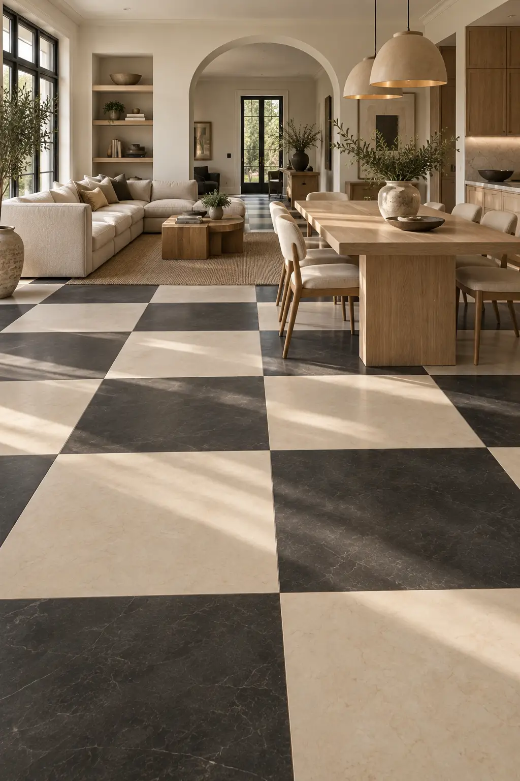Large-format black and warm ivory checkerboard floor in a minimalist contemporary interior with timber furniture, neutral upholstery, clean architectural lines, and abundant natural daylight.