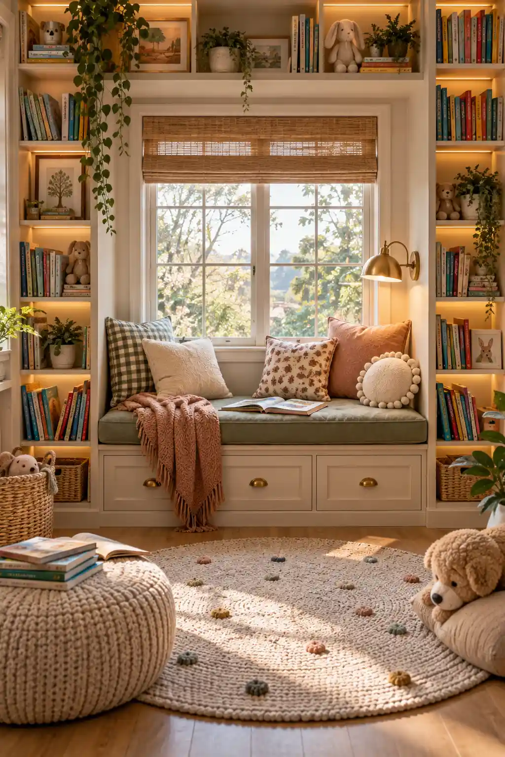 Cozy children's reading nook with floor-to-ceiling bookshelves, colorful children's books, a cushioned window seat, warm reading lamp, soft rug, and comfortable neutral furnishings.