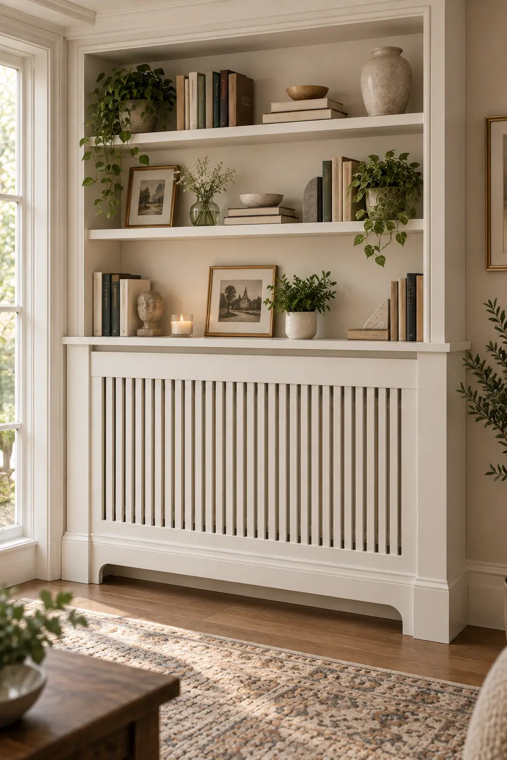 Custom built-in radiator cover combined with open bookshelves displaying books, framed photos, plants, and decorative accessories.