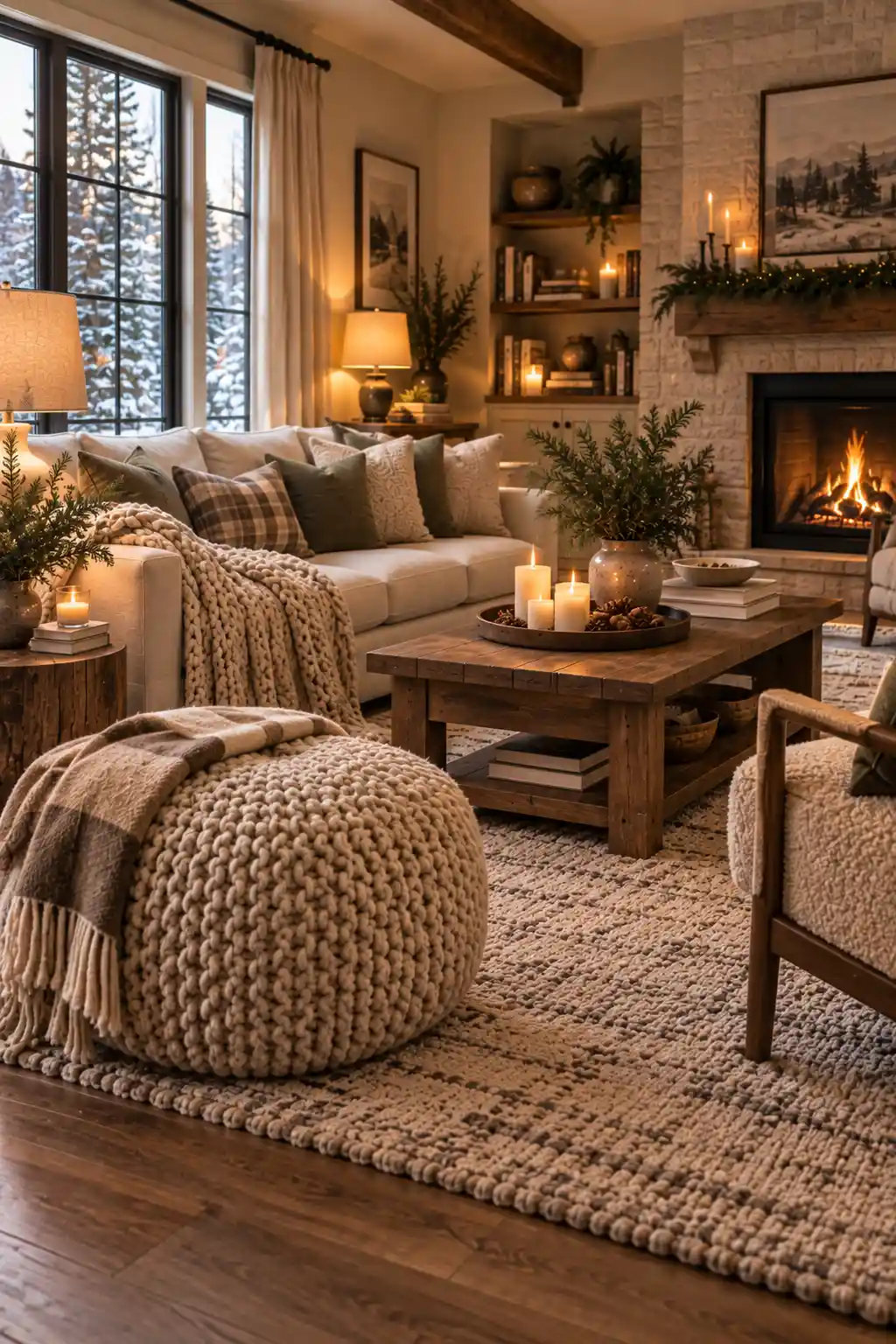 Cozy winter living room featuring a textured cream wool pouf beside a neutral sofa, with a chunky blanket, thick area rug, wooden coffee table, and warm natural decor.