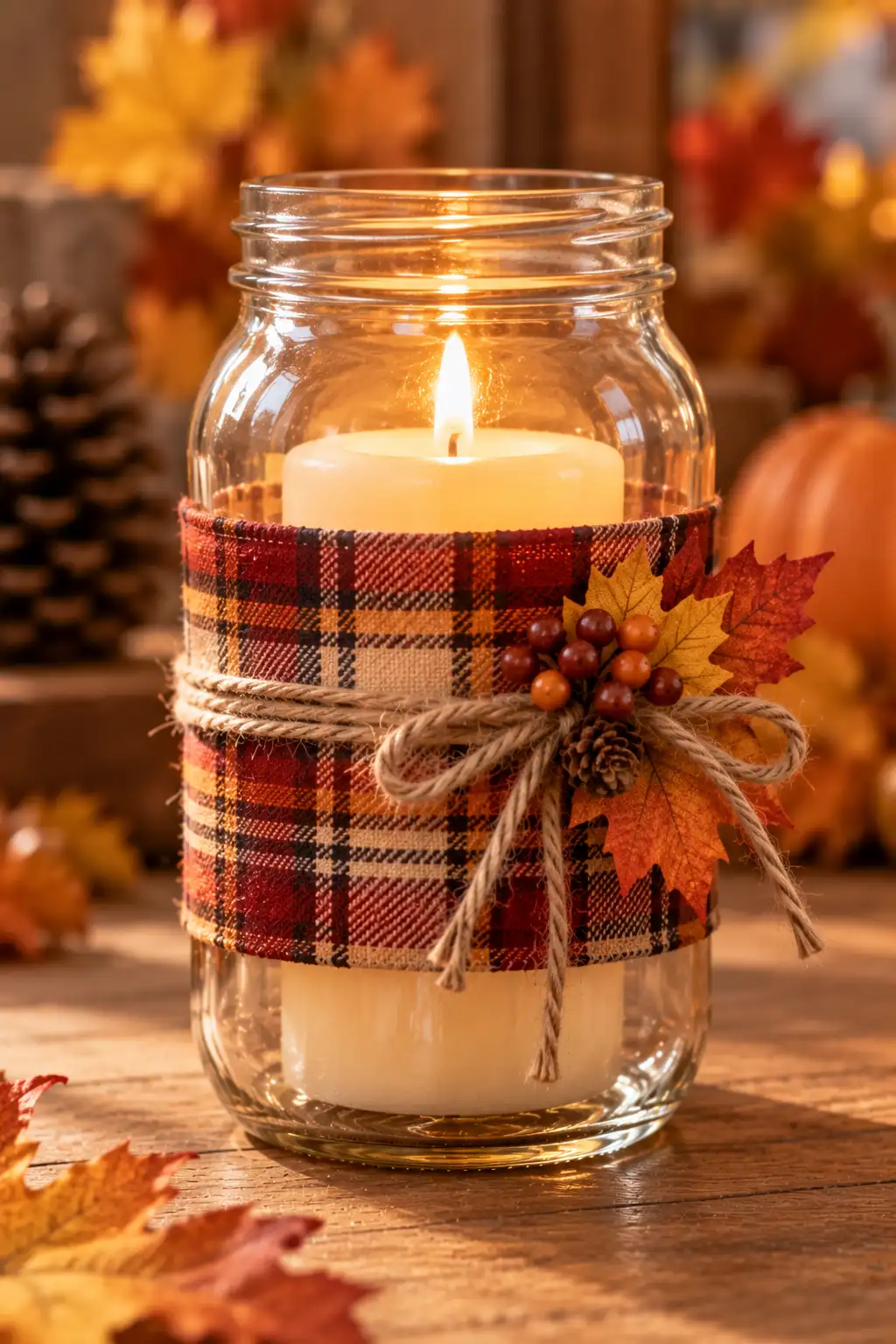 Glass Mason jar candle wrapped with warm autumn plaid ribbon and illuminated by a soft candle flame for a cozy seasonal decoration.