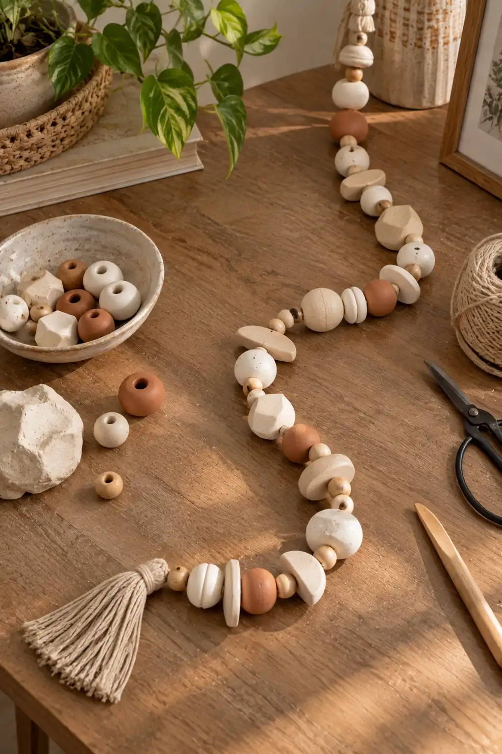 Handmade air dry clay bead garland made with organic clay beads, wooden accents, and natural cotton cord arranged across a tabletop.