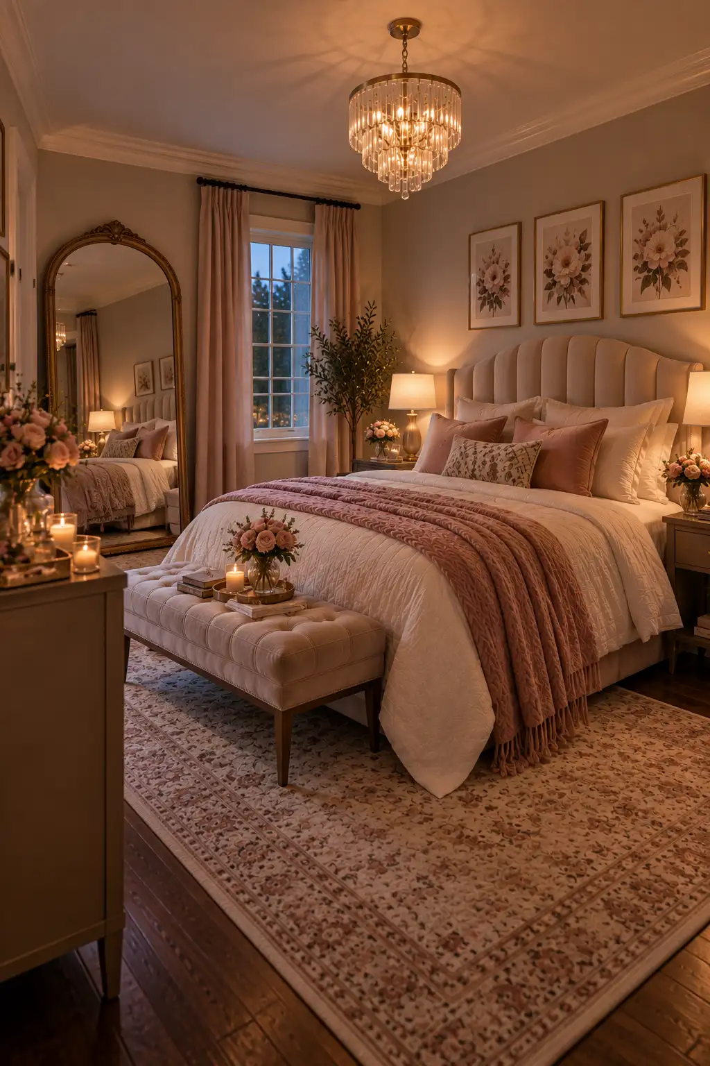 Romantic bedroom featuring a tall arched decorative mirror that adds glamour and visual depth, surrounded by elegant bedding, warm lighting, flowers, and sophisticated furniture.