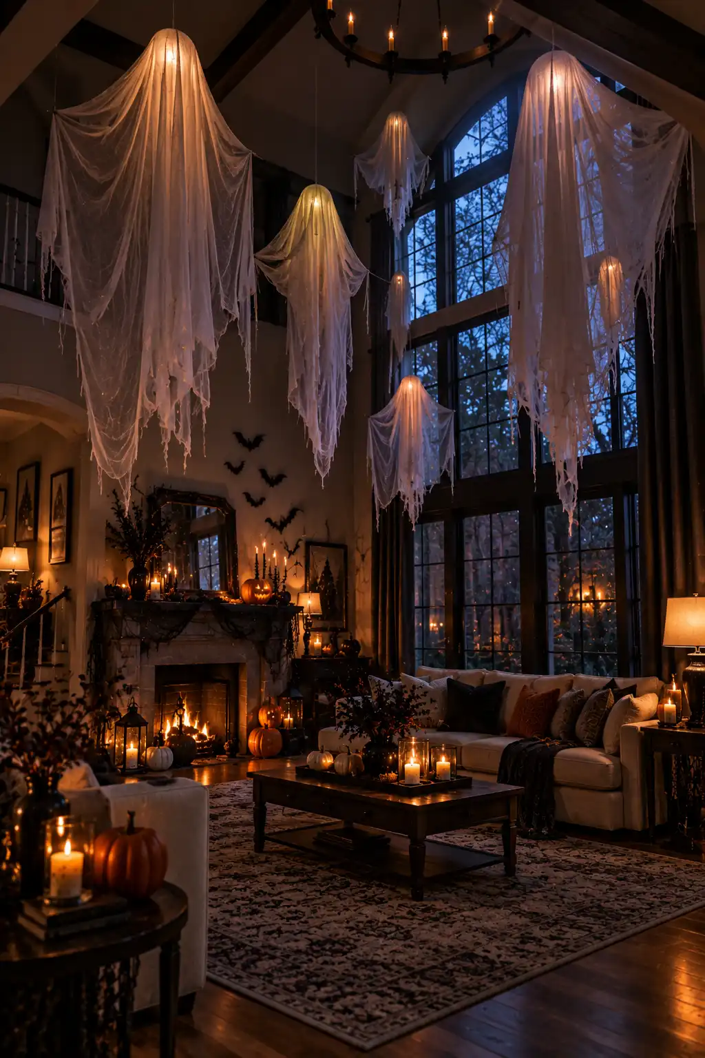 Indoor Halloween living room featuring floating ghost decorations made from sheer white and gray fabric suspended from the ceiling.