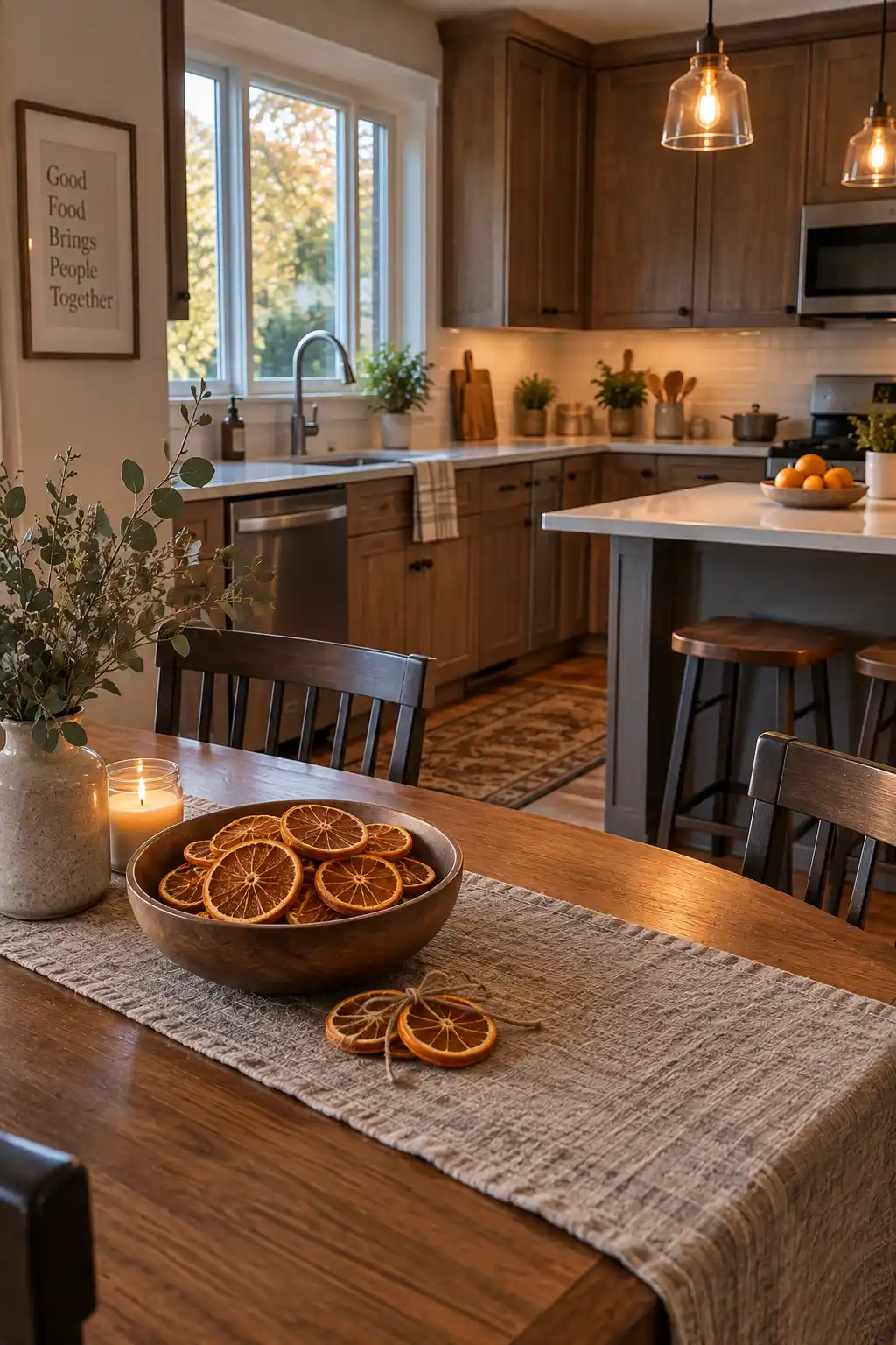 Realistic kitchen and dining area with natural dried orange slices arranged in a simple bowl on the table, showing an easy homemade fall decorating idea.