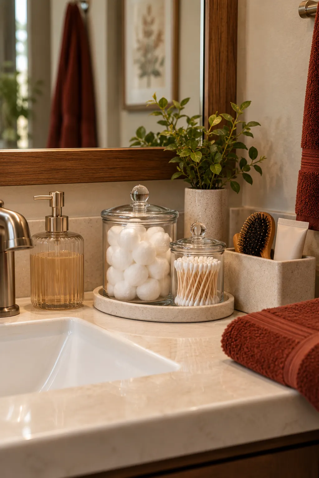 Realistic bathroom shelf with reusable glass jars and simple storage boxes holding cotton balls, cotton swabs, and small bathroom essentials in an organized arrangement.