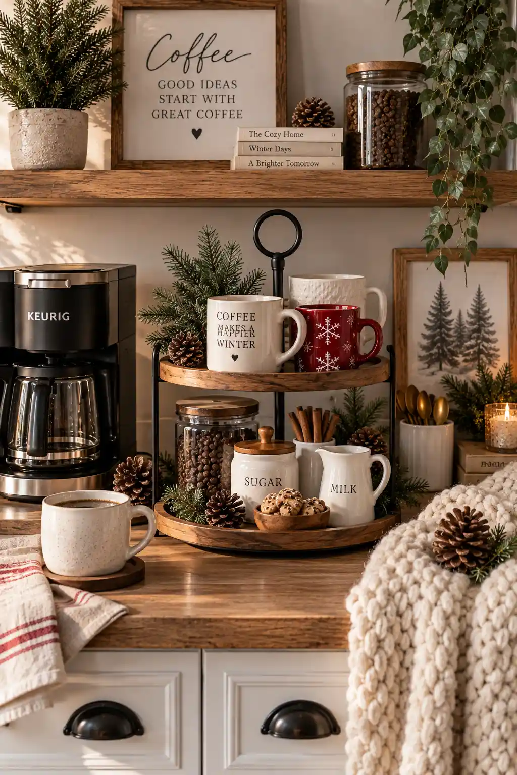 Cozy everyday winter coffee bar featuring a two-tier wooden stand with ceramic mugs and coffee supplies, surrounded by pinecones, evergreen branches, and a chunky cream knit textile.