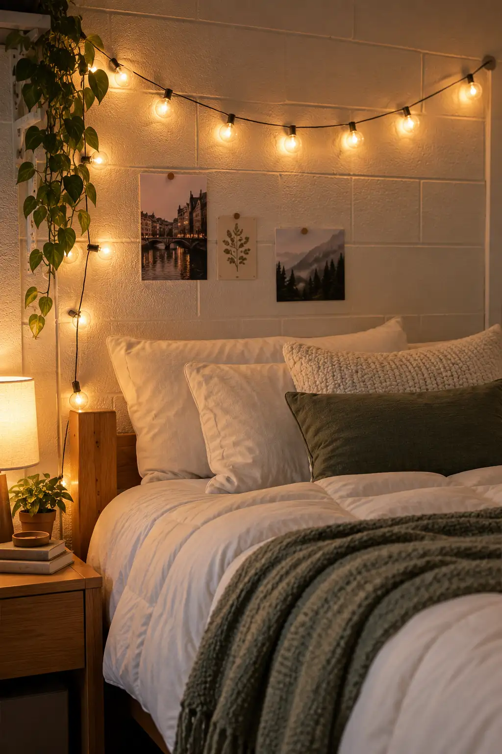 Warm white string lights glowing above a Twin XL college dorm bed, creating soft ambient lighting that makes a small freshman room feel cozy and personal.