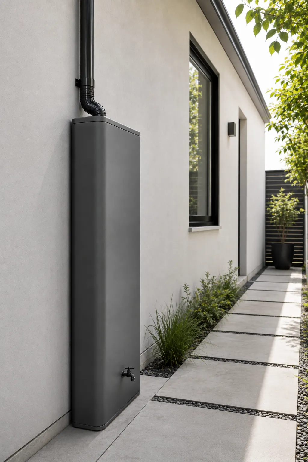 Slim flat-back modern rain barrel positioned against the wall of a contemporary home, showing its space-saving profile, charcoal finish, connected downspout, minimalist water tap, concrete pavers, and narrow garden setting.