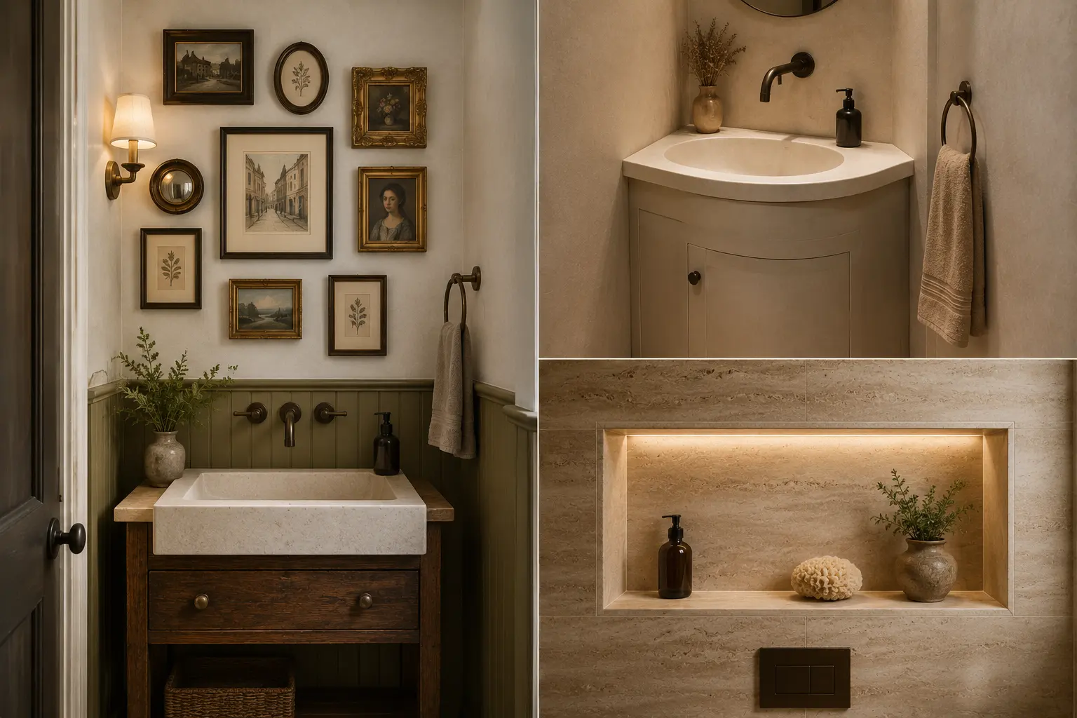 Stylish small bathroom interior showcasing creative decor ideas with a sculptural sink, elegant architectural details, warm neutral finishes, and modern designer styling. small bathroom ideas