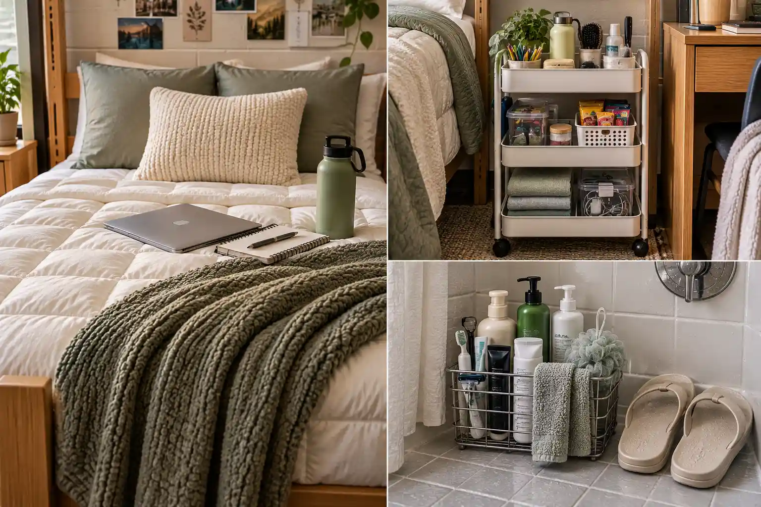 18 college dorm room essentials every freshman needs, including Twin XL bedding, mattress topper, pillows, storage solutions, desk lighting, shower supplies, mini fridge, cleaning tools, and other practical dorm essentials.