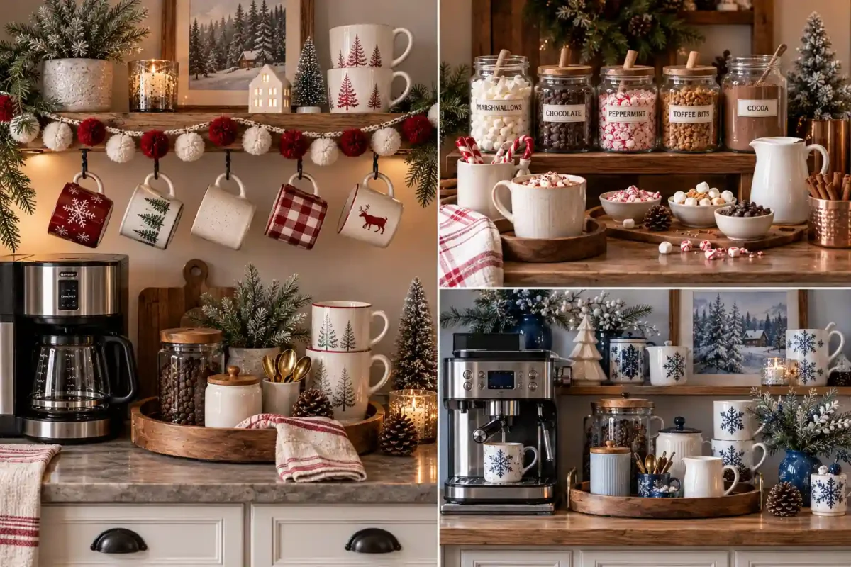 Cozy winter coffee bar featured image showing a warm, stylish home coffee station with ceramic mugs, coffee equipment, wooden accents, evergreen branches, and seasonal winter coffee bar ideas.