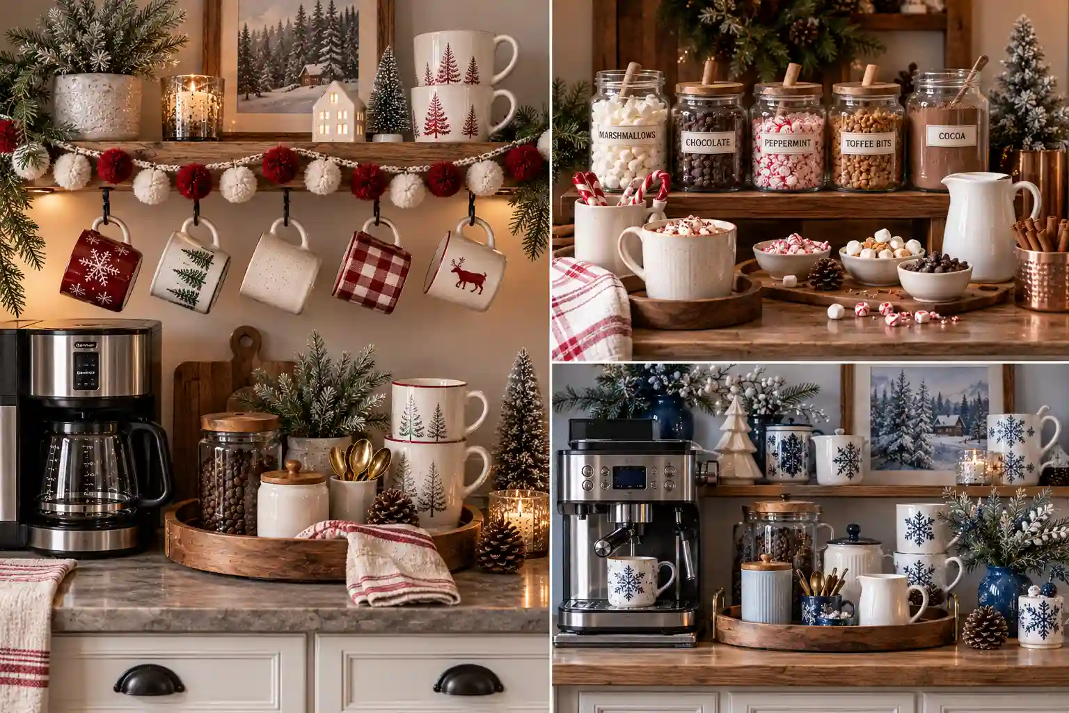 Cozy winter coffee bar featured image showing a warm, stylish home coffee station with ceramic mugs, coffee equipment, wooden accents, evergreen branches, and seasonal winter coffee bar ideas.