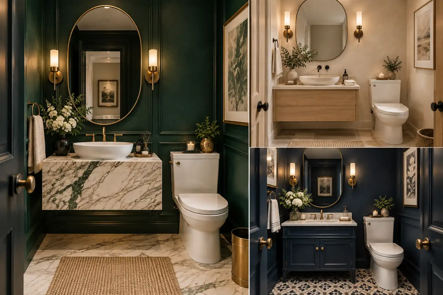 Pinterest-style luxury powder room graphic featuring a full-room emerald green powder room with marble vanity and brass accents, bold stacked text highlighting 11 powder room ideas, and smartdecorfinds.com branding.